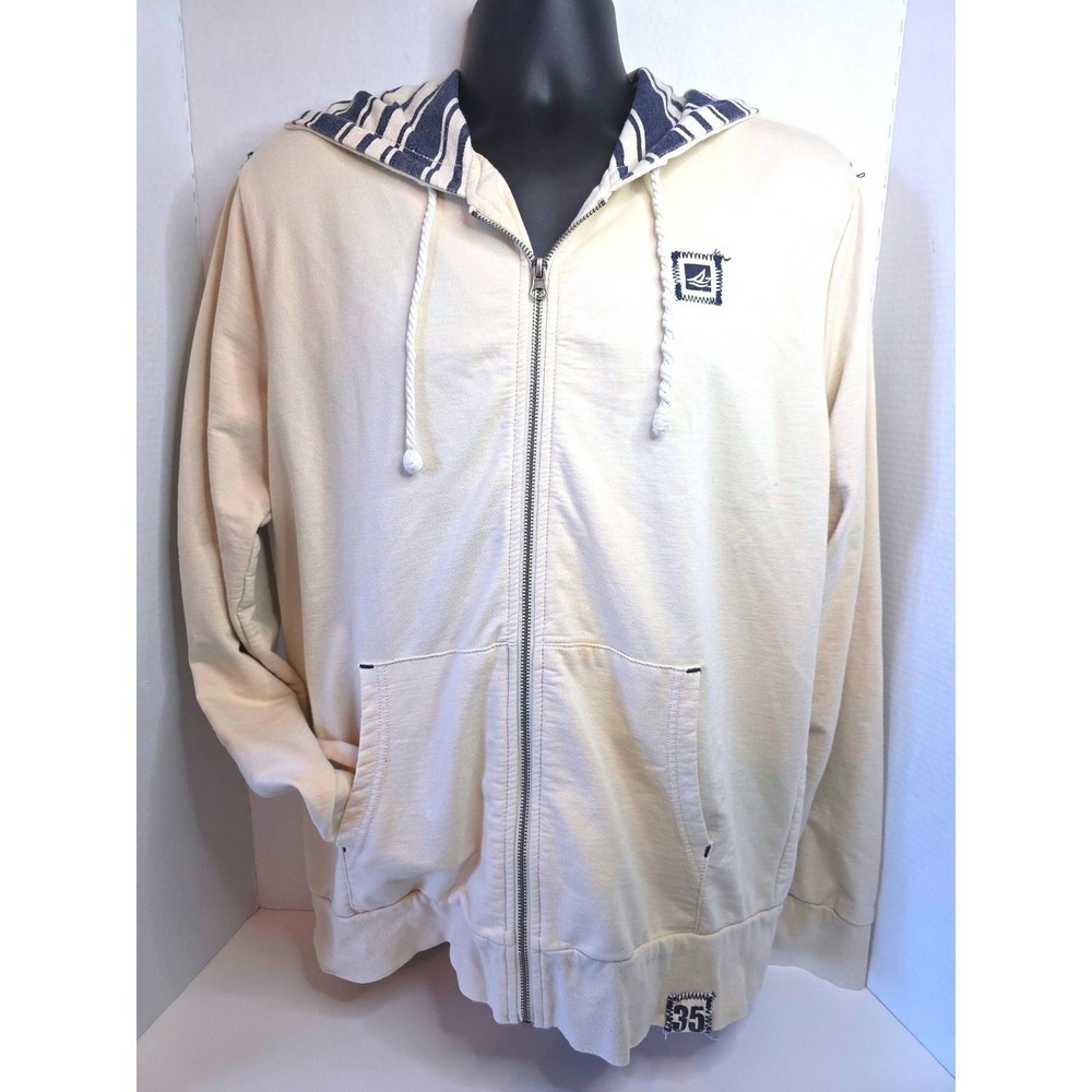 Sperry Top-Sider French Terry Cream Full Zip Hoodie Navy Striped Hood Nautical L